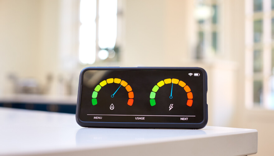 Smart Energy Meter In Kitchen Measuring Consumption Of Domestic Electricity And Gas