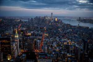 New York City sunset skyline aerial view with office buildings,skyscrapers and Hudson River.