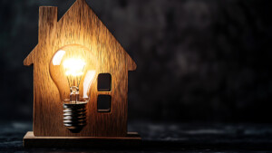 A light bulb in front of a wooden model of a suburban home