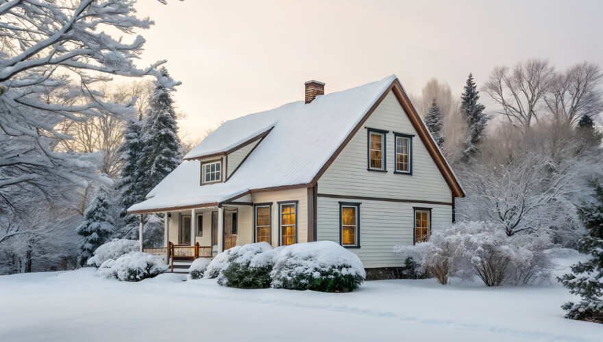 Cozy winter home with snow-covered yard and trees, showcasing energy-efficient heating solutions from Agway Energy Services.