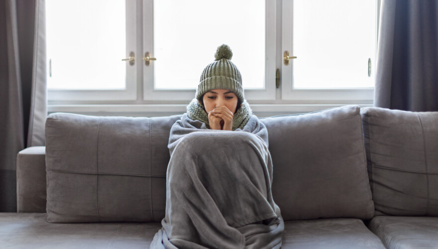 Cold Home. Young Woman Covered With Blanket Freezing On Couch In Living Room, Wearing Knitted Scarf And Hat Indoors Warming Hands With Her Breath, Suffering Heating Problems