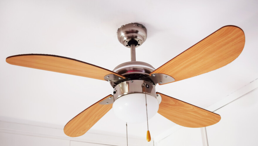 Electric ceiling fan in white, suburban home