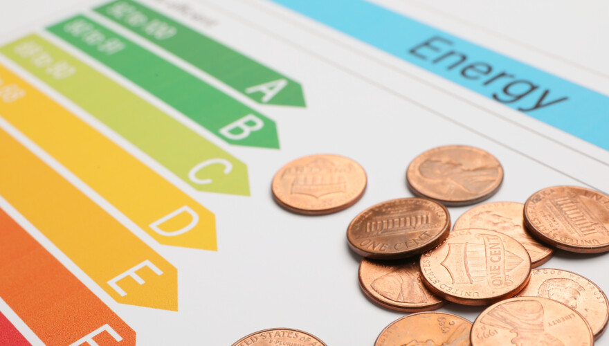 A closeup on coins on energy efficiency rating chart